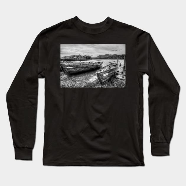 Black And White Derwentwater Wooden Rowing Boats Long Sleeve T-Shirt by tommysphotos